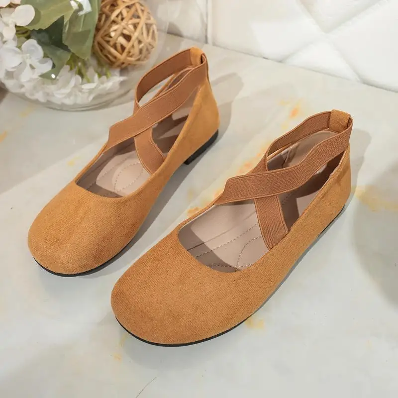 French Retro Red Suede Ballet Flats Women 2026 Spring Cross Strap Flat Heel Red Velvet Mary Jane Shoes Plus Size Woman's Loafers