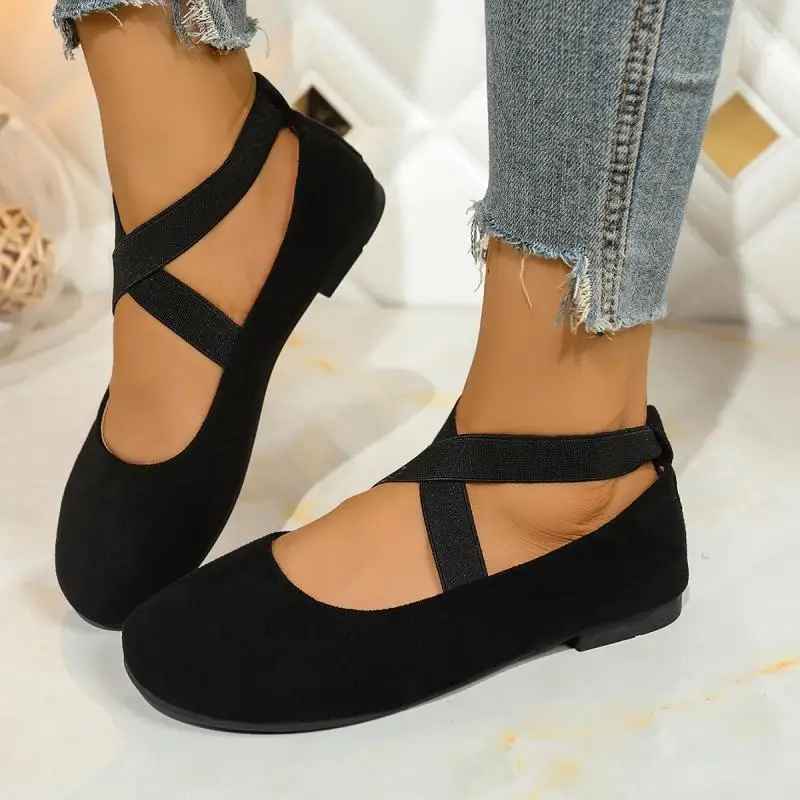 French Retro Red Suede Ballet Flats Women 2026 Spring Cross Strap Flat Heel Red Velvet Mary Jane Shoes Plus Size Woman's Loafers