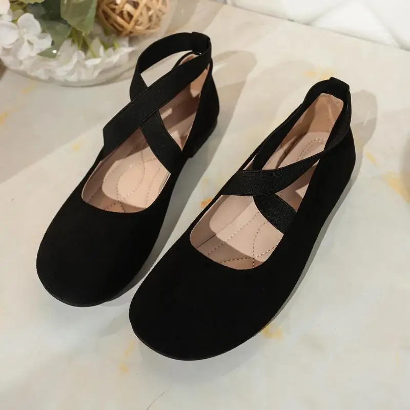 French Retro Red Suede Ballet Flats Women 2026 Spring Cross Strap Flat Heel Red Velvet Mary Jane Shoes Plus Size Woman's Loafers