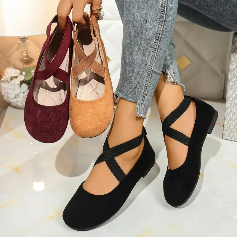 French Retro Red Suede Ballet Flats Women 2026 Spring Cross Strap Flat Heel Red Velvet Mary Jane Shoes Plus Size Woman's Loafers