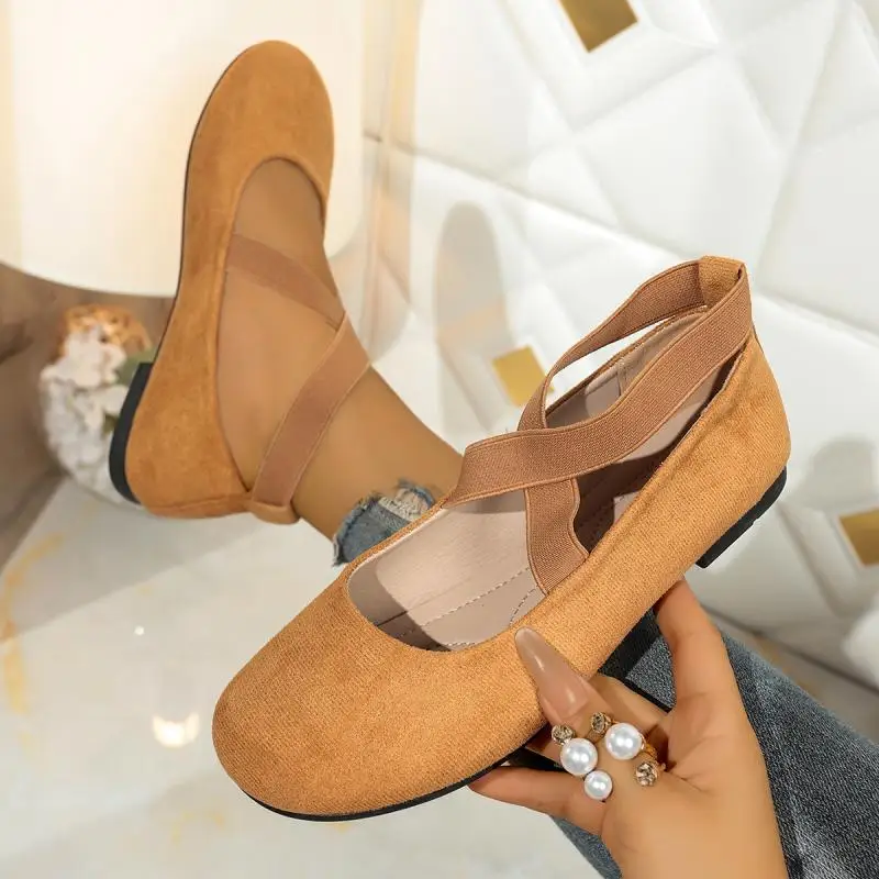 French Retro Red Suede Ballet Flats Women 2026 Spring Cross Strap Flat Heel Red Velvet Mary Jane Shoes Plus Size Woman's Loafers