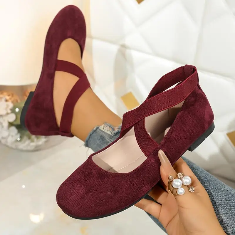 French Retro Red Suede Ballet Flats Women 2026 Spring Cross Strap Flat Heel Red Velvet Mary Jane Shoes Plus Size Woman's Loafers