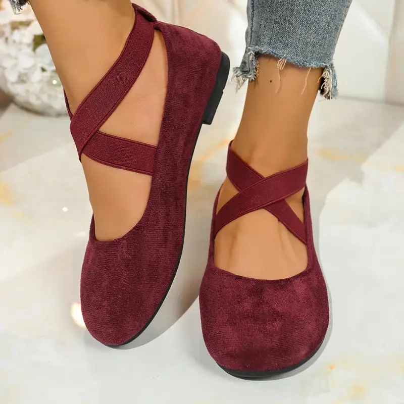 French Retro Red Suede Ballet Flats Women 2026 Spring Cross Strap Flat Heel Red Velvet Mary Jane Shoes Plus Size Woman's Loafers