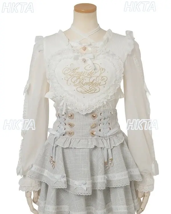 Japanese New Sweet Cute Pink White Lolita Shirts Women Girl Kawaii Lace Big Heart Cross Strap Long Sleeve Blouses Liz Shirt Tops