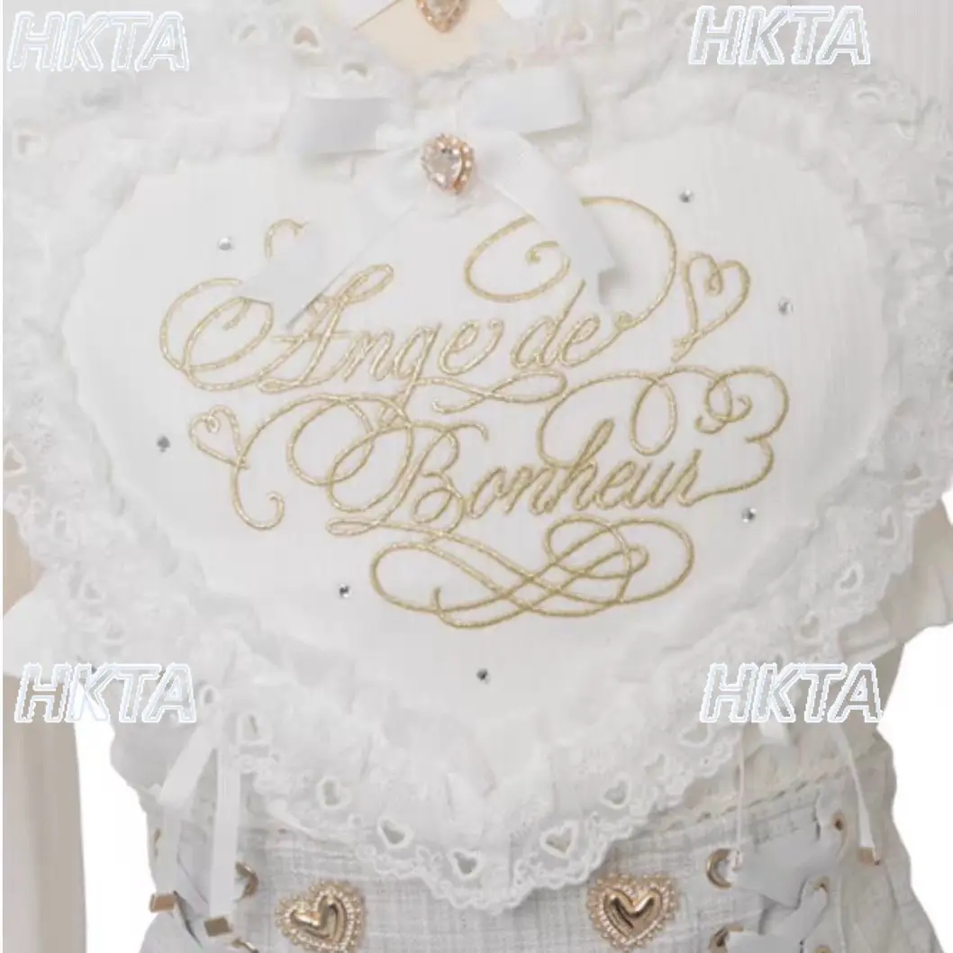Japanese New Sweet Cute Pink White Lolita Shirts Women Girl Kawaii Lace Big Heart Cross Strap Long Sleeve Blouses Liz Shirt Tops