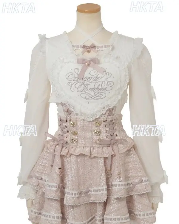 Japanese New Sweet Cute Pink White Lolita Shirts Women Girl Kawaii Lace Big Heart Cross Strap Long Sleeve Blouses Liz Shirt Tops