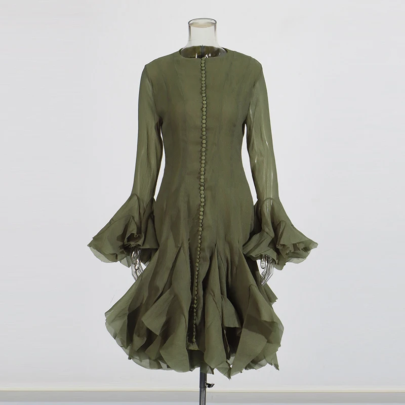 TWOTWINSTYLE Women's Dress Irregular Pleated Patchwork Fashion Long Lantern Sleeve Waist Cinching Mini Dresses 2024 New Clothing
