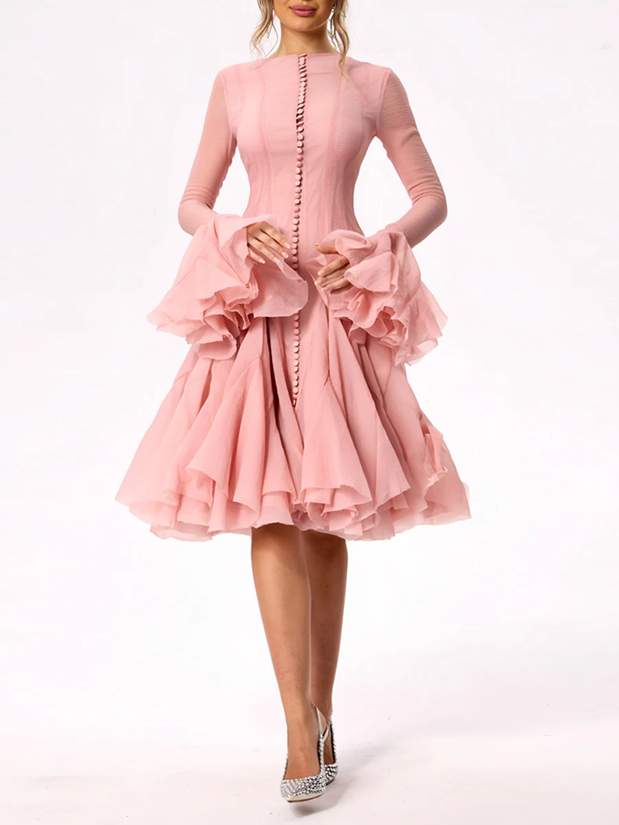 TWOTWINSTYLE Women's Dress Irregular Pleated Patchwork Fashion Long Lantern Sleeve Waist Cinching Mini Dresses 2024 New Clothing