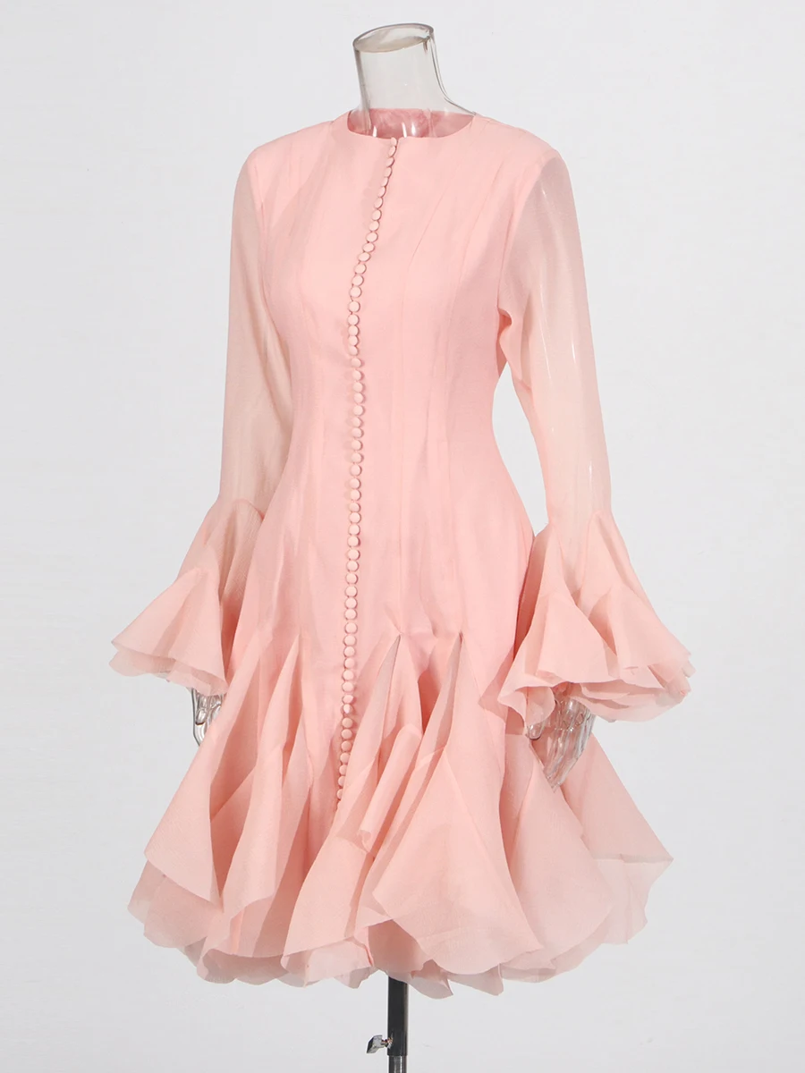 TWOTWINSTYLE Women's Dress Irregular Pleated Patchwork Fashion Long Lantern Sleeve Waist Cinching Mini Dresses 2024 New Clothing