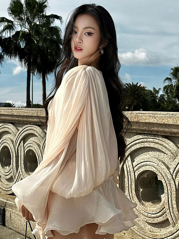 TWOTWINSTYLE Elegant Ruched Mini Dress For Women Round Neck Lantern Long Sleeve High Waist Temperament Dresses Female Fashion