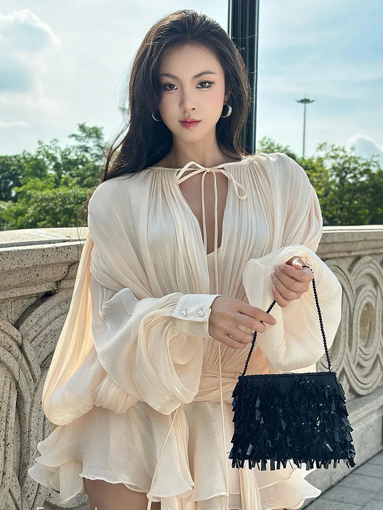 TWOTWINSTYLE Elegant Ruched Mini Dress For Women Round Neck Lantern Long Sleeve High Waist Temperament Dresses Female Fashion