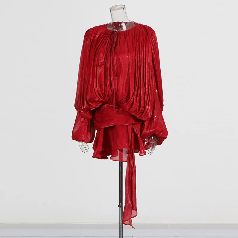 TWOTWINSTYLE Elegant Ruched Mini Dress For Women Round Neck Lantern Long Sleeve High Waist Temperament Dresses Female Fashion