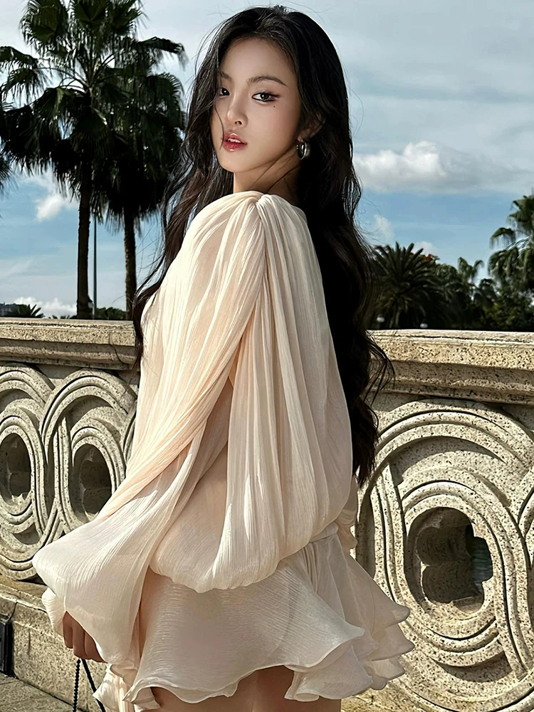 TWOTWINSTYLE Elegant Ruched Mini Dress For Women Round Neck Lantern Long Sleeve High Waist Temperament Dresses Female Fashion