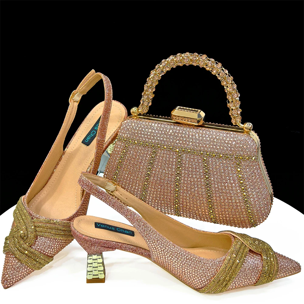 Venus Chan Black Hollow Design With Pointed Shoes And Fashion Three-Dimensional Bag Cozy Rhinestones Are Suitable For Parties