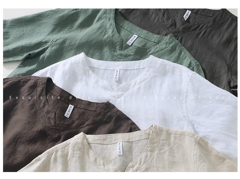 L998 100% Linen Premium T-shirts Men's Summer Fashion Chinese Style Vintage Solid Color Short Sleeve Tees Simple Breathable Tops