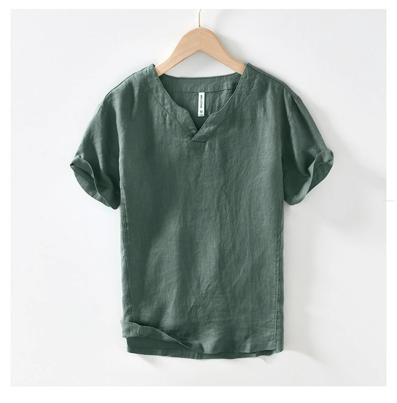 L998 100% Linen Premium T-shirts Men's Summer Fashion Chinese Style Vintage Solid Color Short Sleeve Tees Simple Breathable Tops