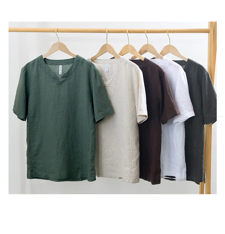 L998 100% Linen Premium T-shirts Men's Summer Fashion Chinese Style Vintage Solid Color Short Sleeve Tees Simple Breathable Tops