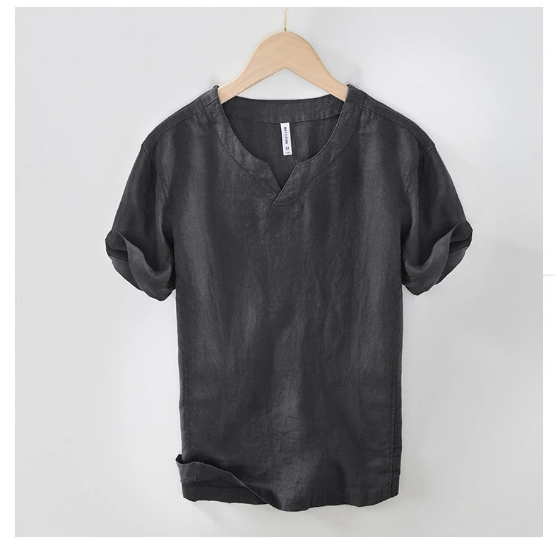 L998 100% Linen Premium T-shirts Men's Summer Fashion Chinese Style Vintage Solid Color Short Sleeve Tees Simple Breathable Tops