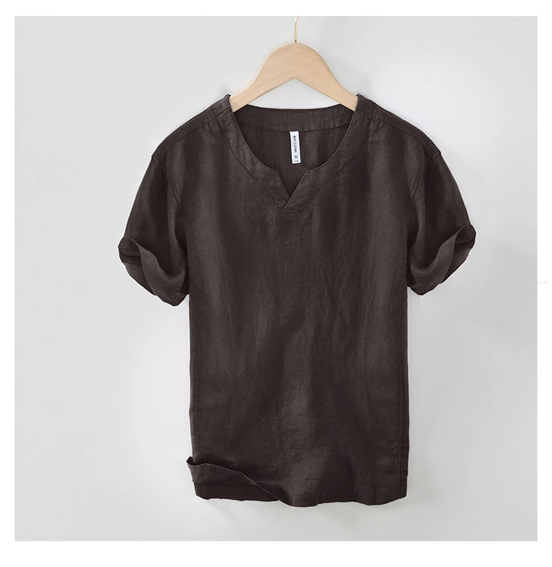 L998 100% Linen Premium T-shirts Men's Summer Fashion Chinese Style Vintage Solid Color Short Sleeve Tees Simple Breathable Tops