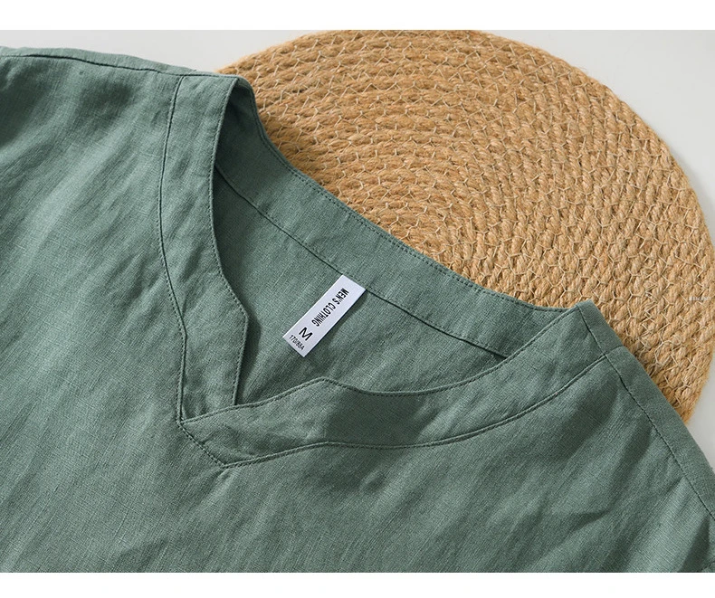 L998 100% Linen Premium T-shirts Men's Summer Fashion Chinese Style Vintage Solid Color Short Sleeve Tees Simple Breathable Tops