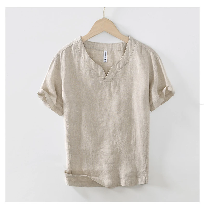 L998 100% Linen Premium T-shirts Men's Summer Fashion Chinese Style Vintage Solid Color Short Sleeve Tees Simple Breathable Tops