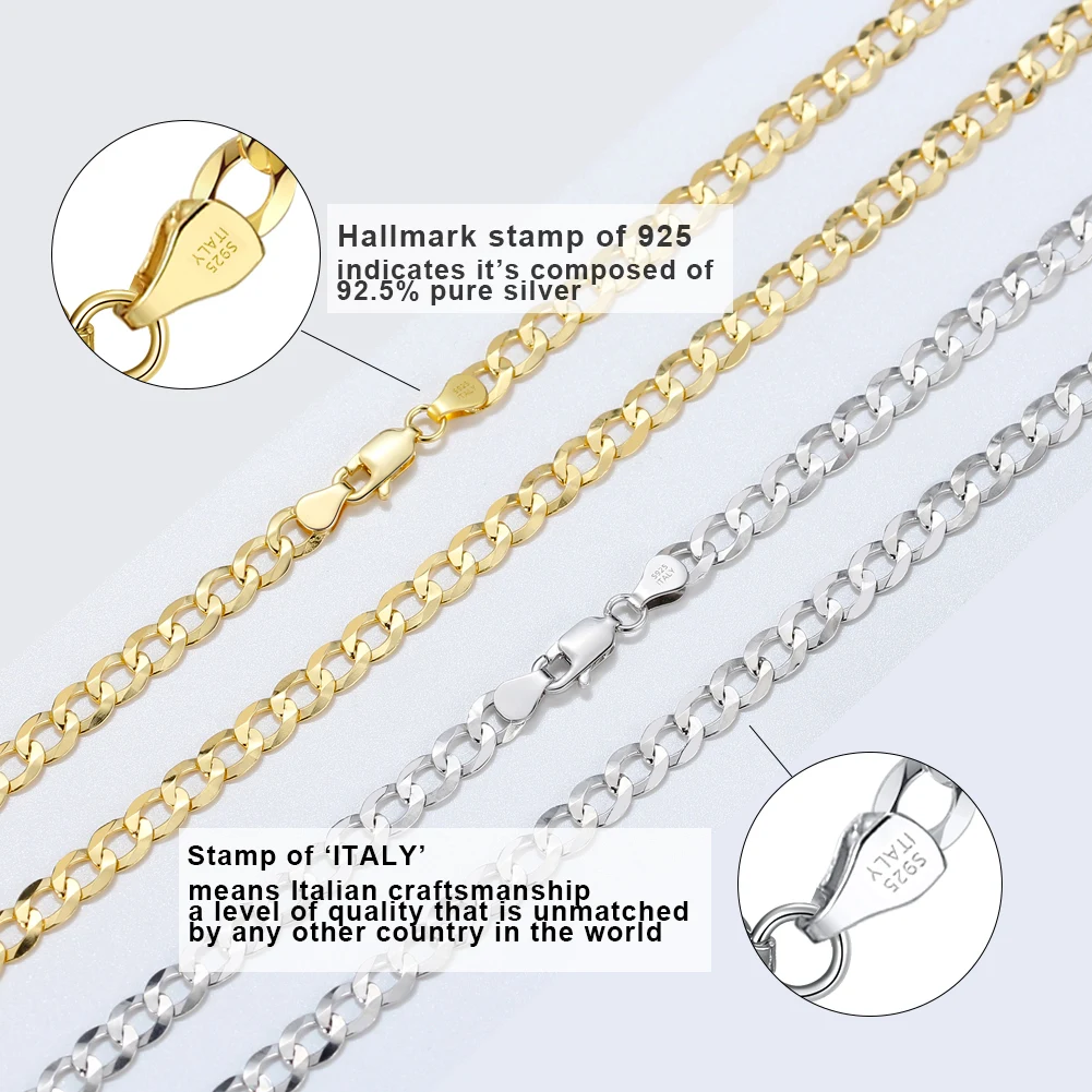 Rinntin 18K Gold Over 925 Sterling Silver 3mm/5mm Italian Diamond Cut Cuban Link Curb Chain Necklace for Women Men Jewelry SC60