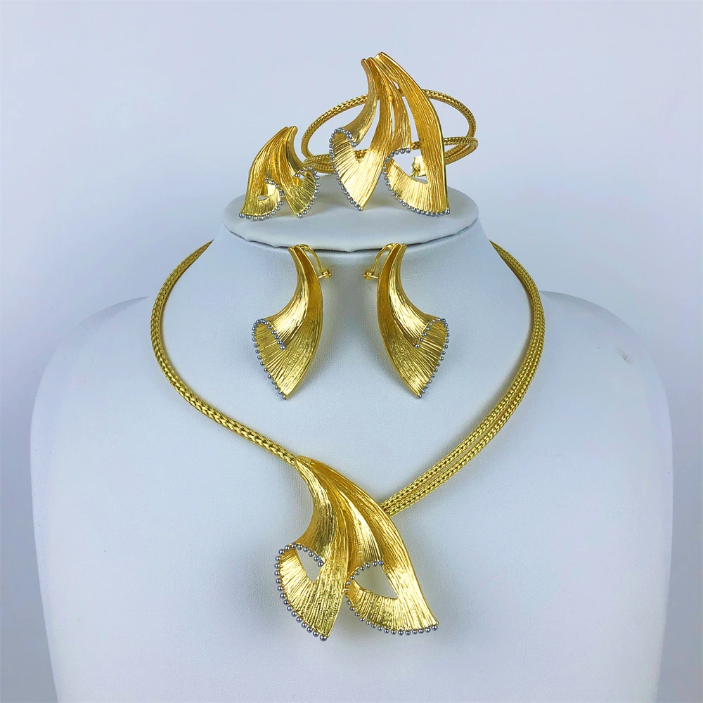 Italy 18K Gold Plated Jewelry Set For Women Two Tone Design Open Bangle Earrings Necklace Ring 4Pcs Set Jewelry Wedding Party