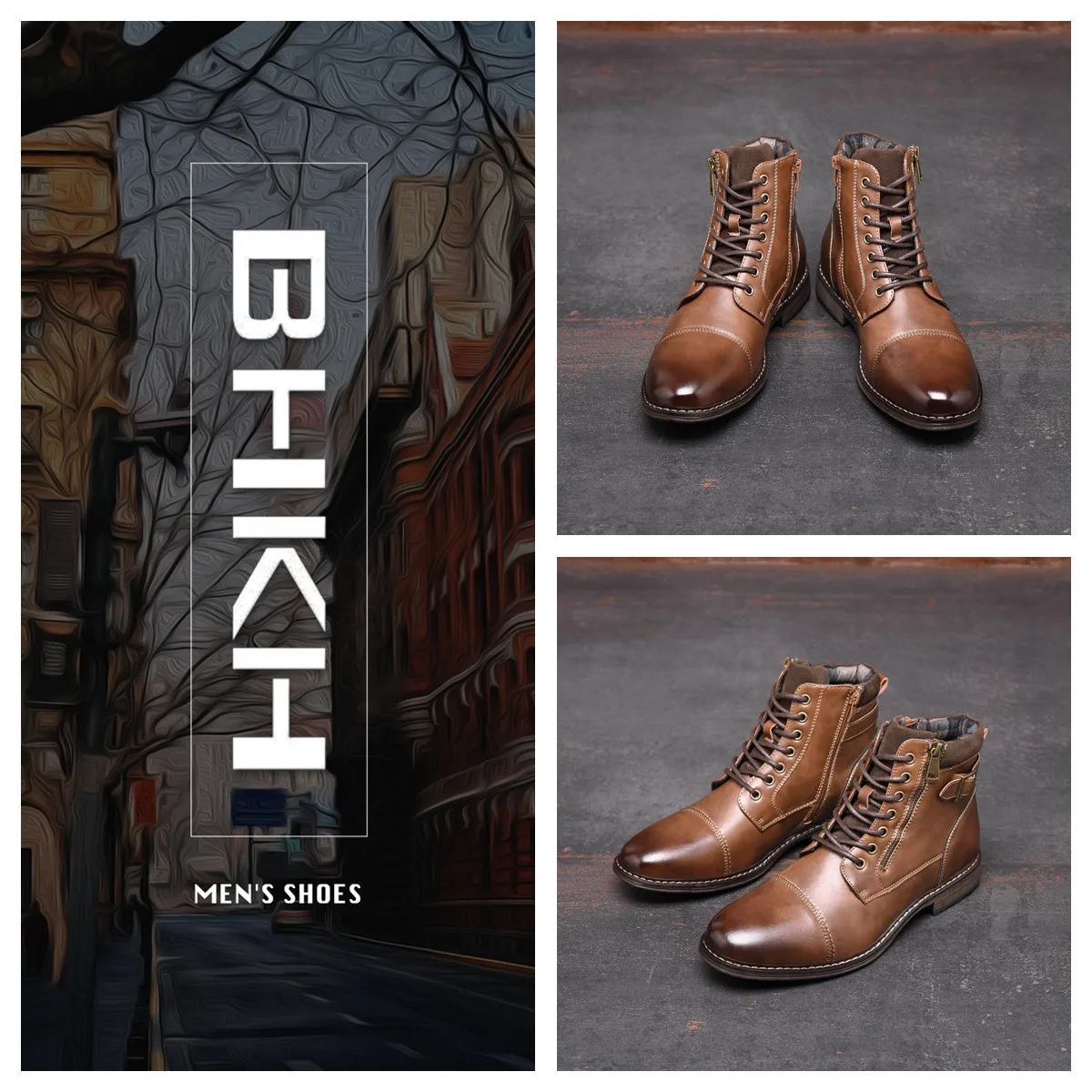 BHKH Men's Boots Winter Fashion Botines Zip Lace-Up Ankle Boots Vintage Business Dress Shoes Leather Casual Shoes for Men