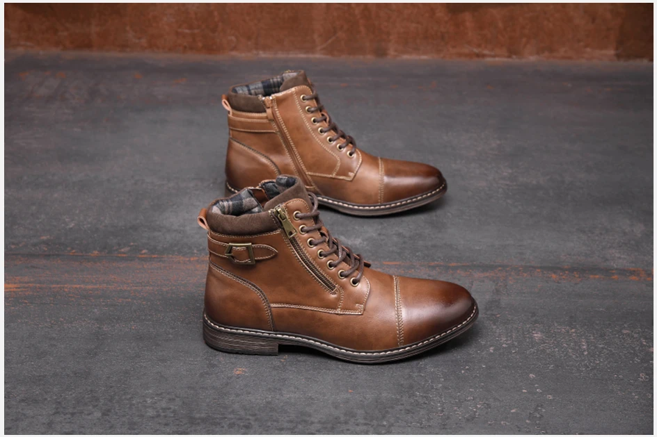 BHKH Men's Boots Winter Fashion Botines Zip Lace-Up Ankle Boots Vintage Business Dress Shoes Leather Casual Shoes for Men
