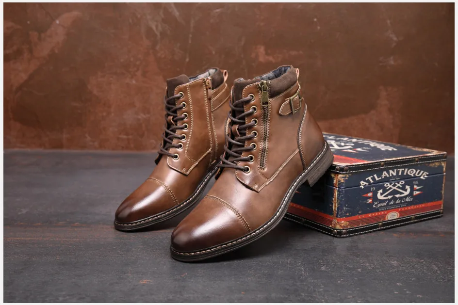 BHKH Men's Boots Winter Fashion Botines Zip Lace-Up Ankle Boots Vintage Business Dress Shoes Leather Casual Shoes for Men