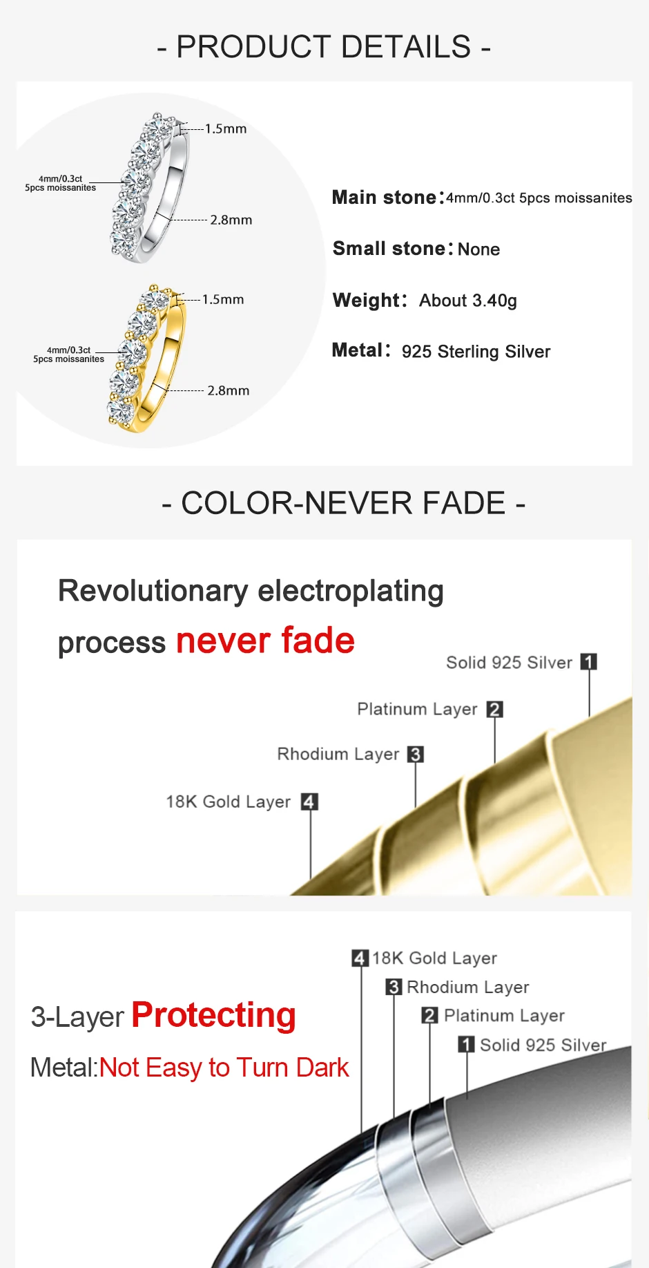 AnuJewel 4mm D Color Moissanite Wedding Band Ring 925 Sterling Silver 18K Gold Plated Eternity Band Engagament Rings Wholesale