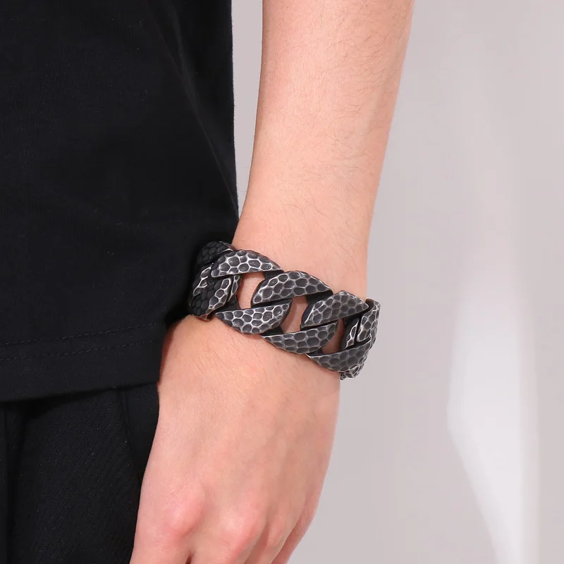 Fongten Heavy Curb Bracelet for Men Vintage Stainless Steel Foundry Tapping Pattern Cuban Chain Male Bangle Bracelets Jewelry
