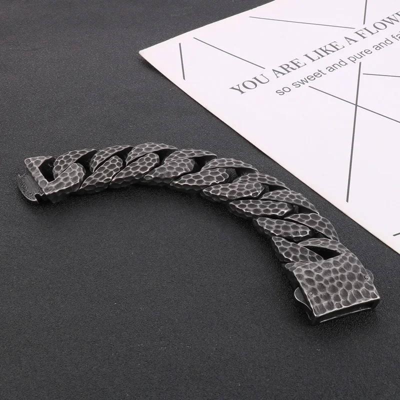 Fongten Heavy Curb Bracelet for Men Vintage Stainless Steel Foundry Tapping Pattern Cuban Chain Male Bangle Bracelets Jewelry