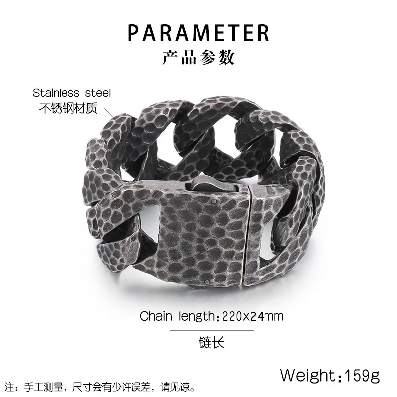 Fongten Heavy Curb Bracelet for Men Vintage Stainless Steel Foundry Tapping Pattern Cuban Chain Male Bangle Bracelets Jewelry