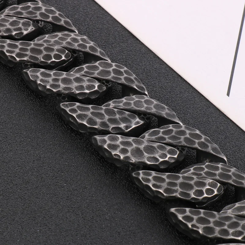 Fongten Heavy Curb Bracelet for Men Vintage Stainless Steel Foundry Tapping Pattern Cuban Chain Male Bangle Bracelets Jewelry