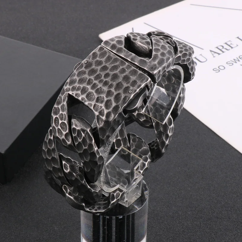 Fongten Heavy Curb Bracelet for Men Vintage Stainless Steel Foundry Tapping Pattern Cuban Chain Male Bangle Bracelets Jewelry