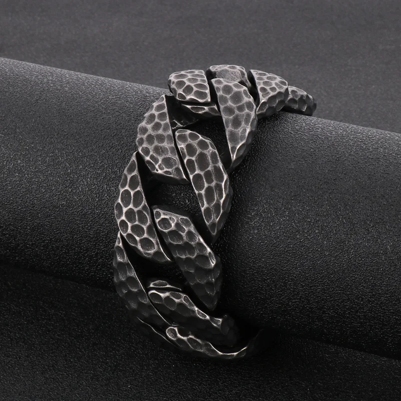 Fongten Heavy Curb Bracelet for Men Vintage Stainless Steel Foundry Tapping Pattern Cuban Chain Male Bangle Bracelets Jewelry
