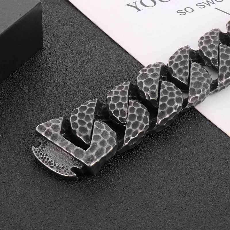 Fongten Heavy Curb Bracelet for Men Vintage Stainless Steel Foundry Tapping Pattern Cuban Chain Male Bangle Bracelets Jewelry