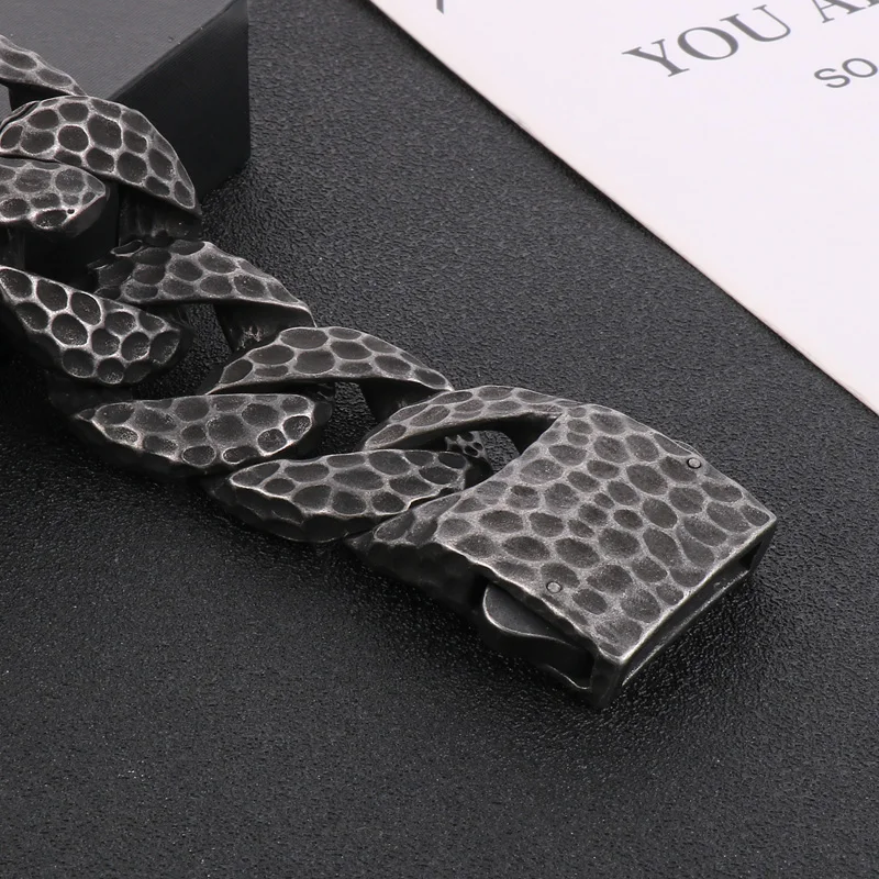 Fongten Heavy Curb Bracelet for Men Vintage Stainless Steel Foundry Tapping Pattern Cuban Chain Male Bangle Bracelets Jewelry
