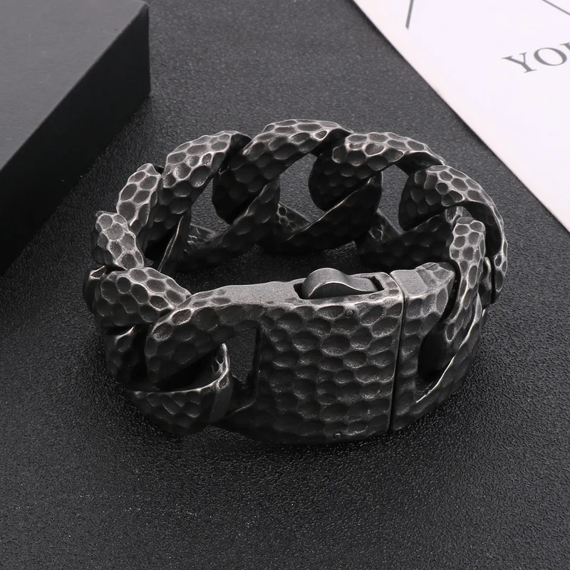 Fongten Heavy Curb Bracelet for Men Vintage Stainless Steel Foundry Tapping Pattern Cuban Chain Male Bangle Bracelets Jewelry