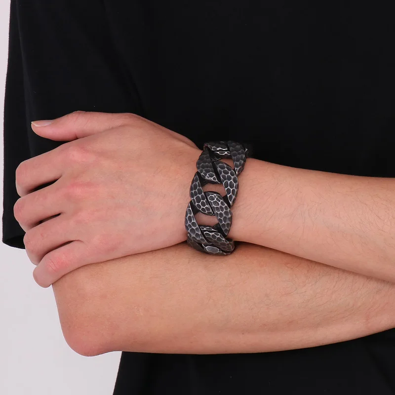 Fongten Heavy Curb Bracelet for Men Vintage Stainless Steel Foundry Tapping Pattern Cuban Chain Male Bangle Bracelets Jewelry