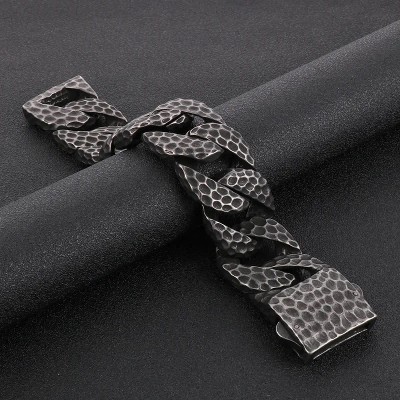 Fongten Heavy Curb Bracelet for Men Vintage Stainless Steel Foundry Tapping Pattern Cuban Chain Male Bangle Bracelets Jewelry