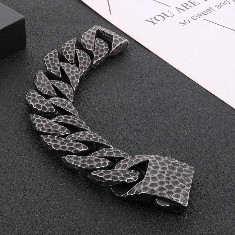 Fongten Heavy Curb Bracelet for Men Vintage Stainless Steel Foundry Tapping Pattern Cuban Chain Male Bangle Bracelets Jewelry