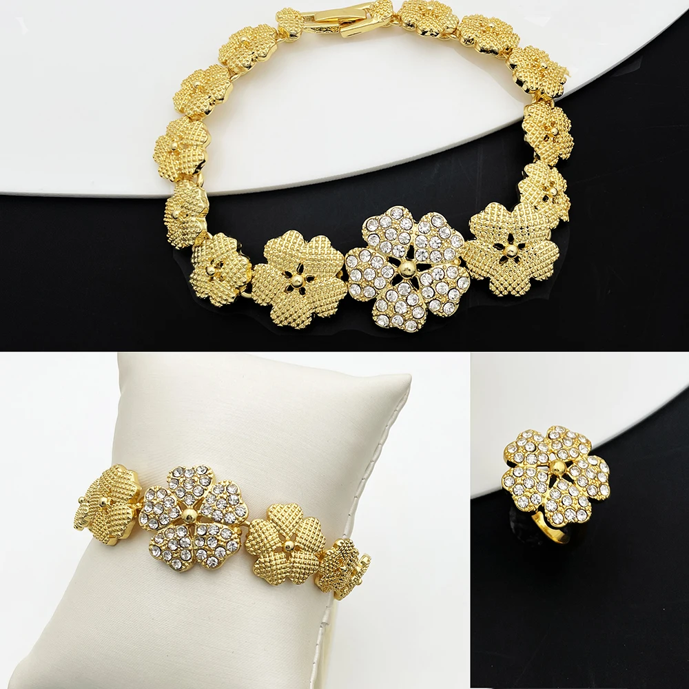 Dubai Nigeria Jewelry Sets For Women Luxury Design Five Petals Flower Pendant Necklace Earring Bracelet And Ring