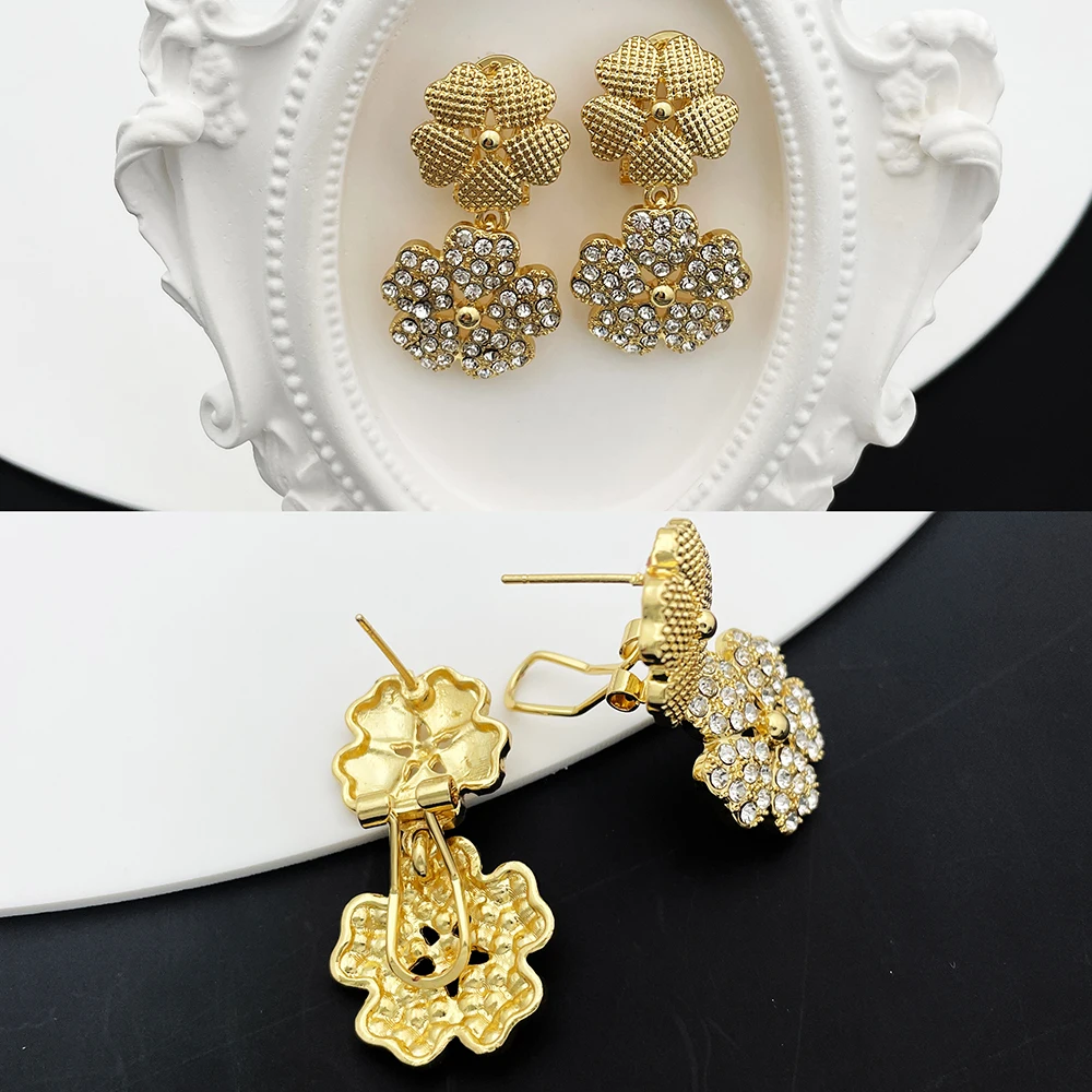 Dubai Nigeria Jewelry Sets For Women Luxury Design Five Petals Flower Pendant Necklace Earring Bracelet And Ring