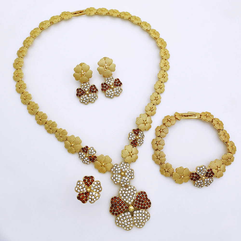 Dubai Nigeria Jewelry Sets For Women Luxury Design Five Petals Flower Pendant Necklace Earring Bracelet And Ring