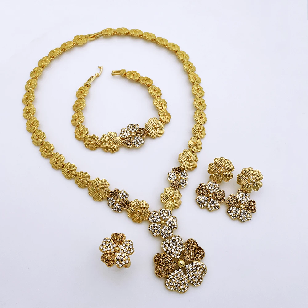 Dubai Nigeria Jewelry Sets For Women Luxury Design Five Petals Flower Pendant Necklace Earring Bracelet And Ring
