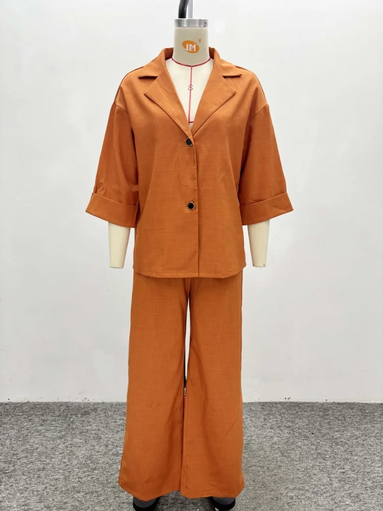 Wmstar Two Piece Set Women Wholesale Lapel Loose Single Breasted Shirt High Waisted Straight Leg Pants Casual Elegant Suit