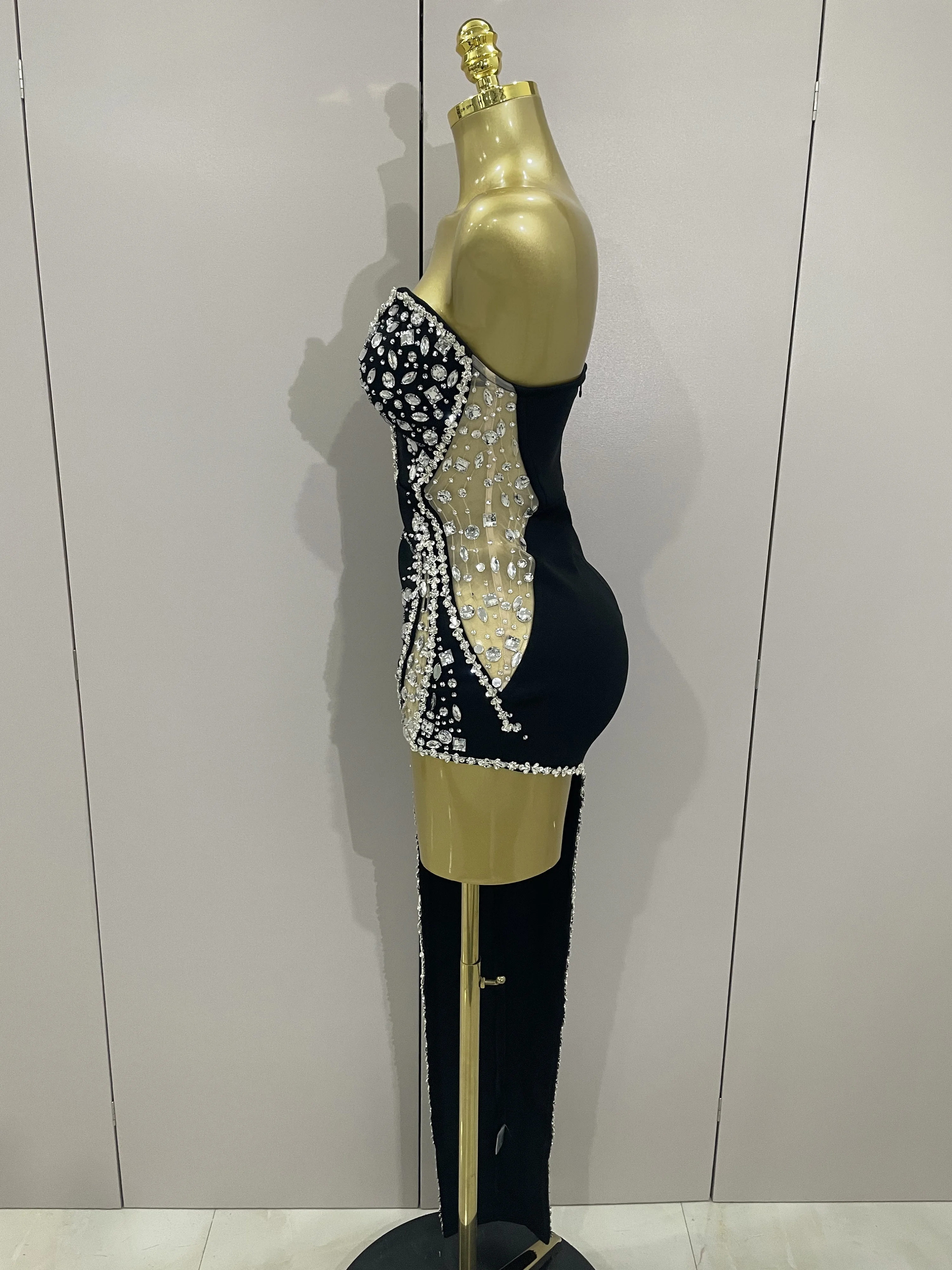 Newest High Quality Sexy Strapless Shinning Rhinestones Bodycon Bandage Long Dress Women Fashion Celebrate Evening Party Vestido