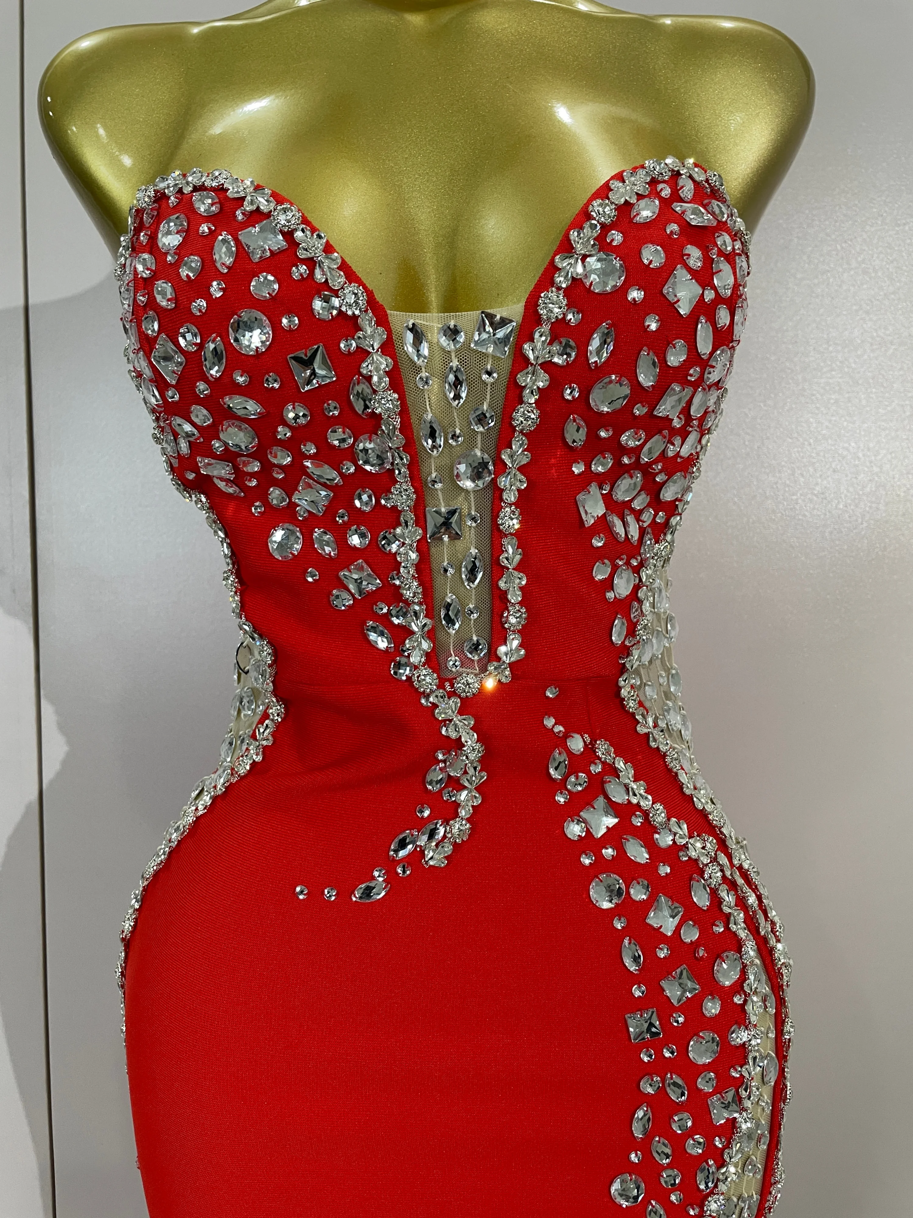 Newest High Quality Sexy Strapless Shinning Rhinestones Bodycon Bandage Long Dress Women Fashion Celebrate Evening Party Vestido